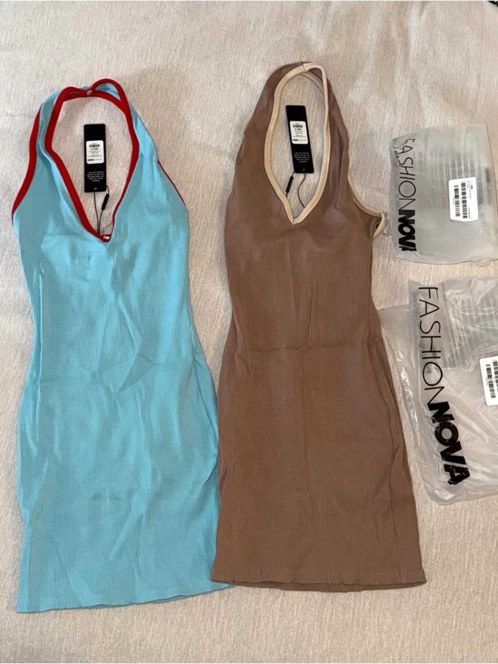 Fashion Nova Blue Mini Dress with Red Trim & Fashion Nova Brown Mini Dress